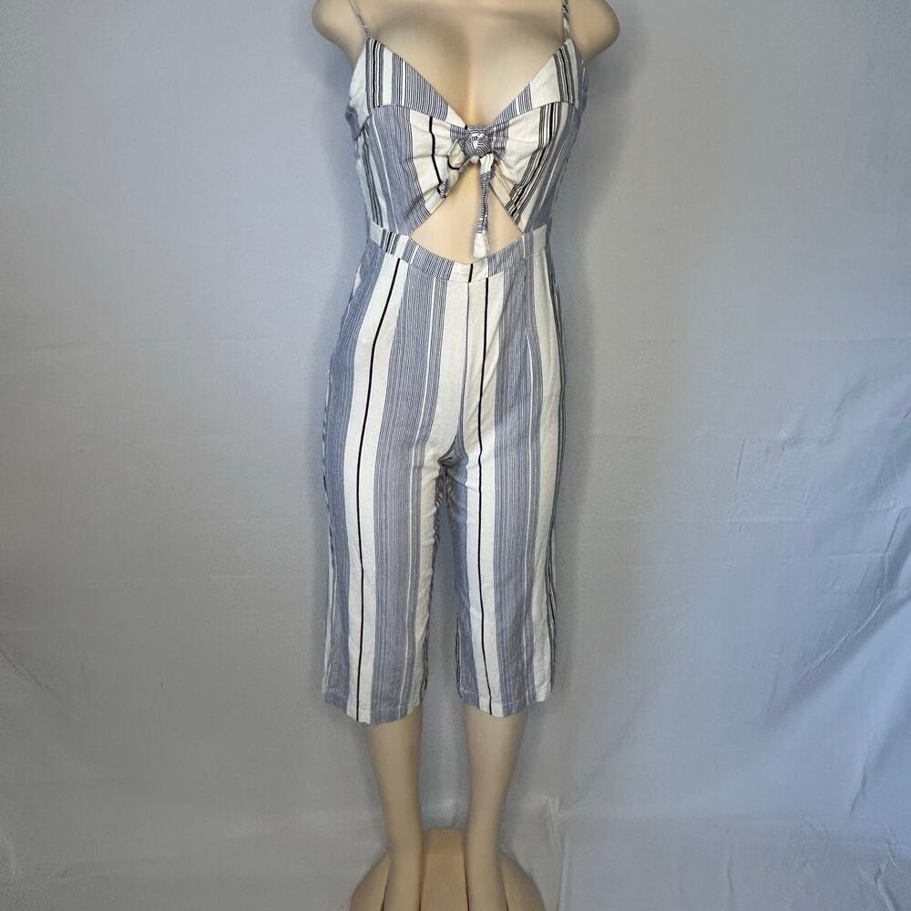 Iris Striped Cutout Jumpsuit Tie Front Crop Capri Pants Blue White M vacation